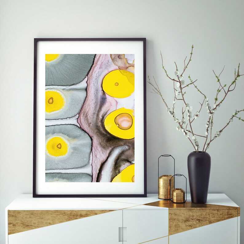 Abstract Gray And Yellow Wall Art L Alcohol Ink Art Print Etsy