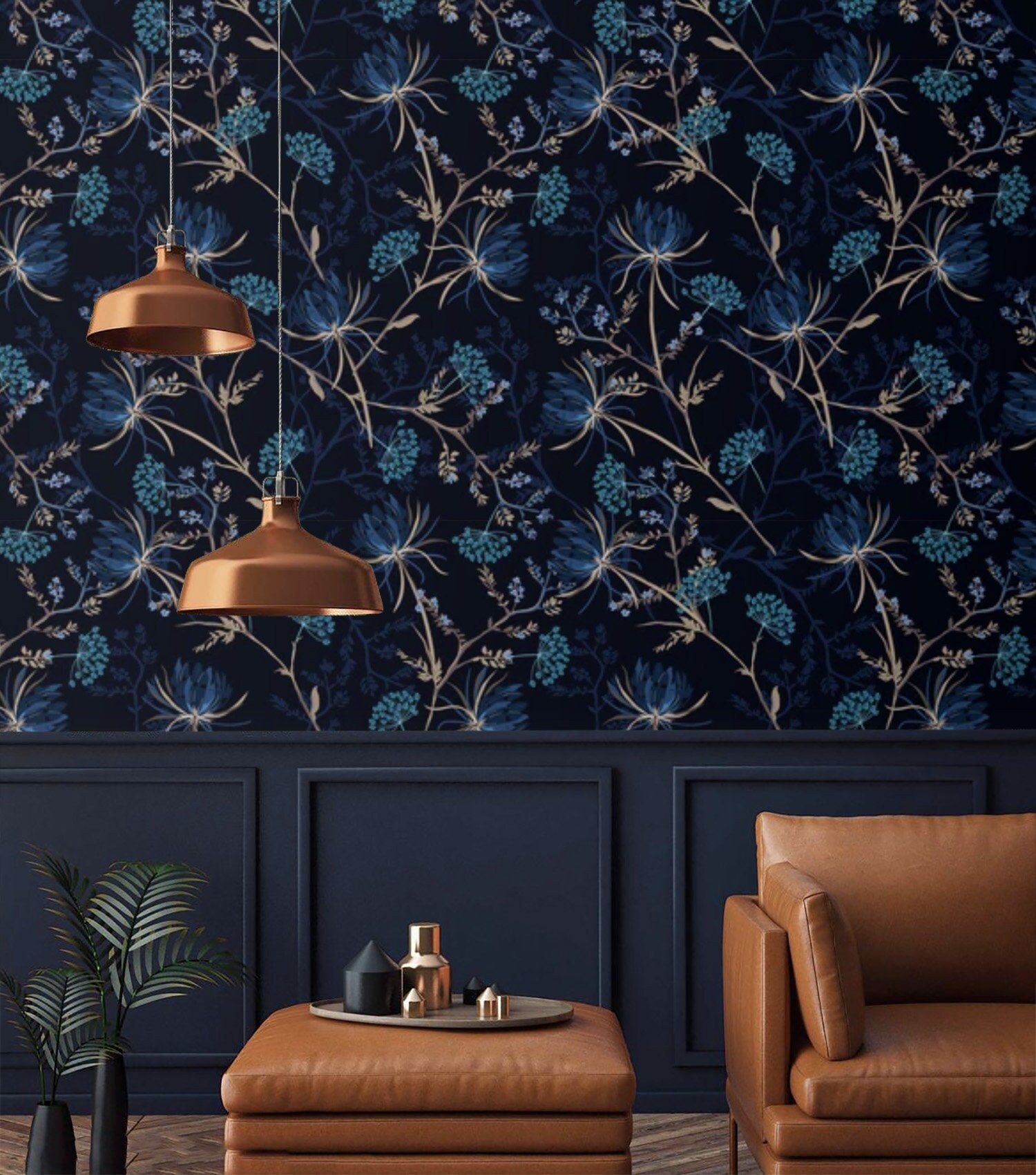 Dark Floral Wallpaper Dark Blue Flowers Peel and Stick Etsy