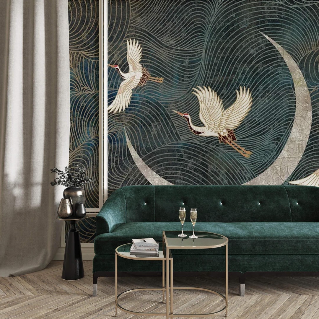 Art Deco Wallpaper With Cranes Peel and Stick Removable or Traditional ...