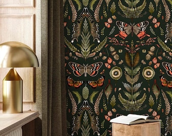 Dark vintage botanical wallpaper with butterflies Peel and stick removable moody wallpaper
