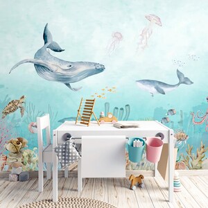 Underwater world whith whale Kids wall mural Baby boys room marine wall decal
