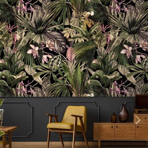 Dark tropical wallpaper palm leaves and exotic flowers Peel and stick removable or Traditional accent wallpaper