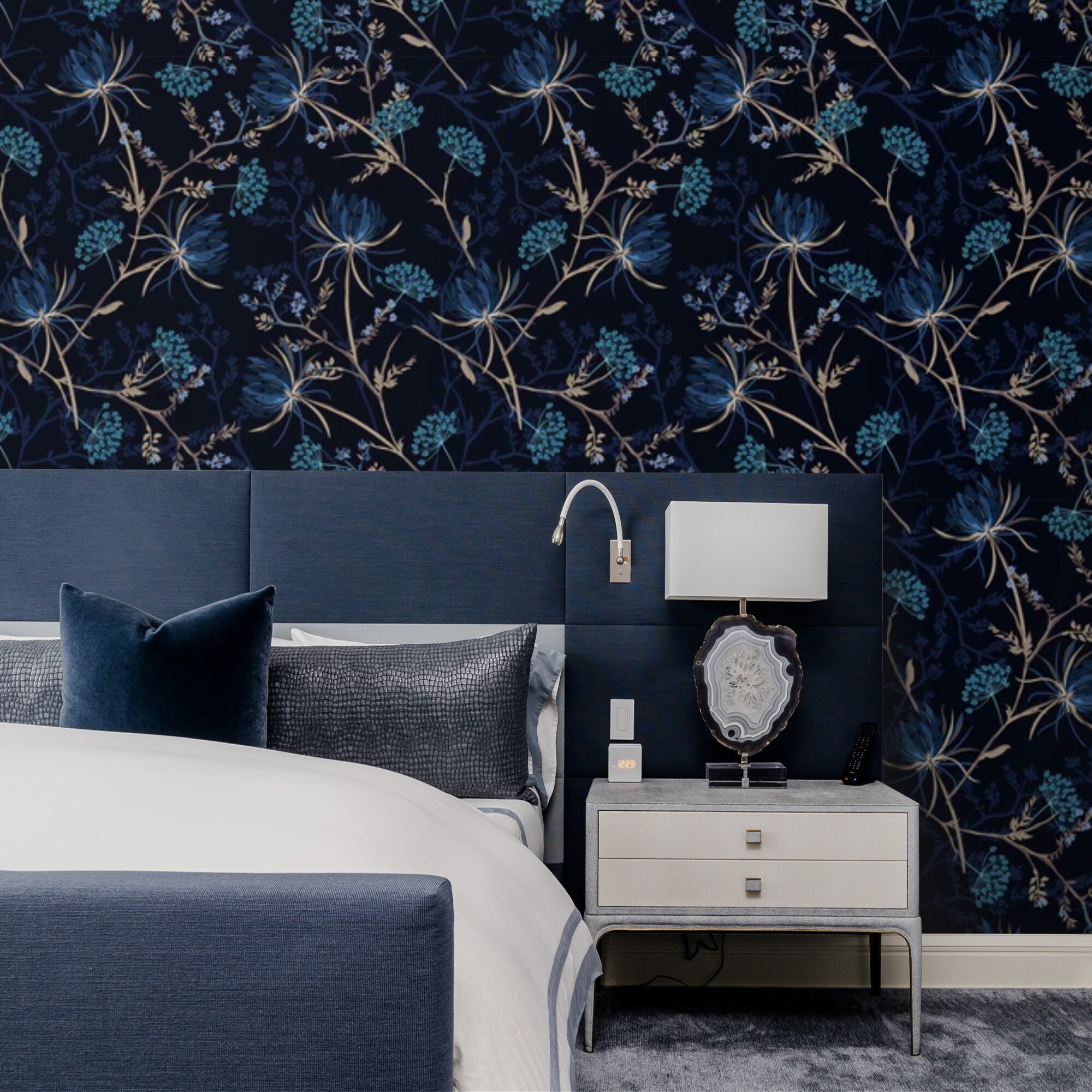 Dark Floral Wallpaper Dark Blue Flowers Peel and Stick - Etsy