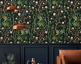 Dark botanical wallpaper flowers and leaves Peel and stick removable or Traditional dark leaves accent wallpaper