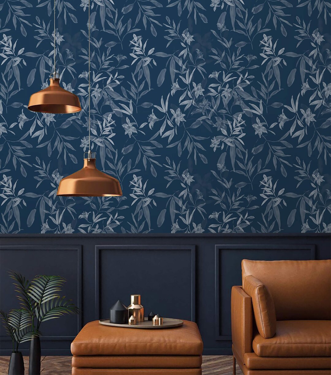 Dark Blue Floral Wallpaper: Botanical Peel and Stick Accent Wall Decor ...