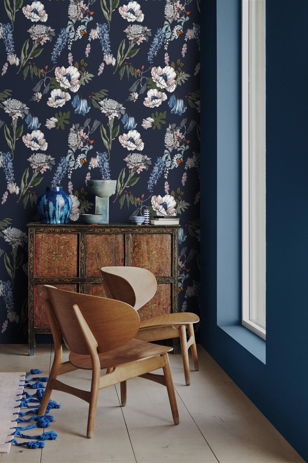 Dark Floral Wallpaper Blue Flowers Peel and Stick Removable or ...