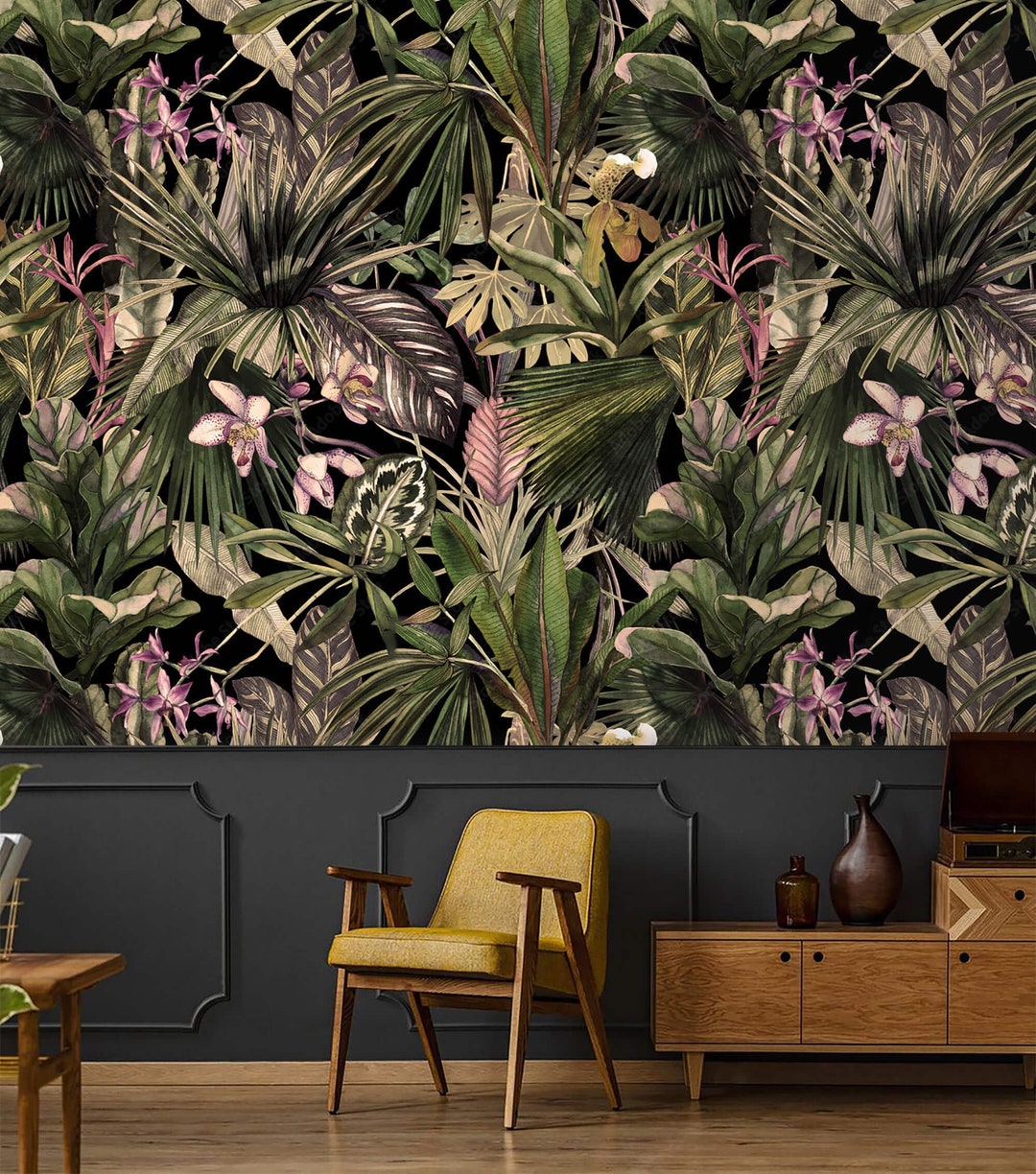 Dark Tropical Wallpaper Palm Leaves and Exotic Flowers Peel and Stick ...