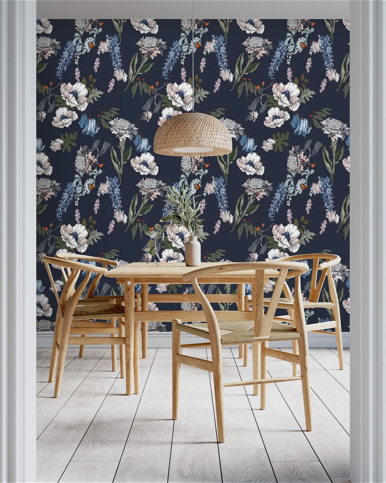 Dark Floral Wallpaper Blue Flowers Peel and Stick Removable or ...