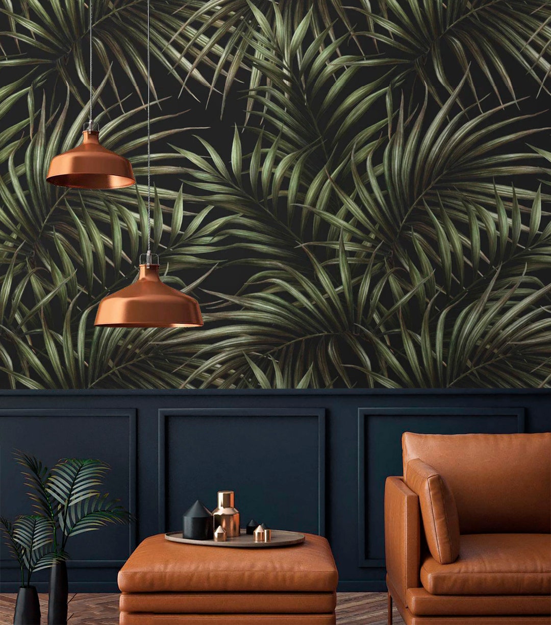Dark Tropical Wallpaper Palm Leaves Peel and Stick Removable or ...