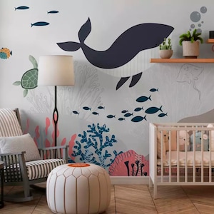 Whale Wall Mural for Kids Room - Underwater Nursery Decor