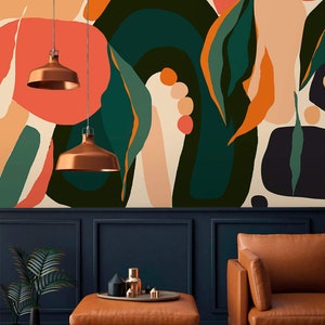 Abstract Shapes Wallpaper Mural: Vibrant Orange & Green, Peel and Stick