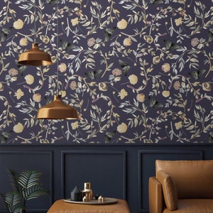 Floral wallpaper dark purple Peel and stick removable or Traditional accent wallpaper botanical with butterflies