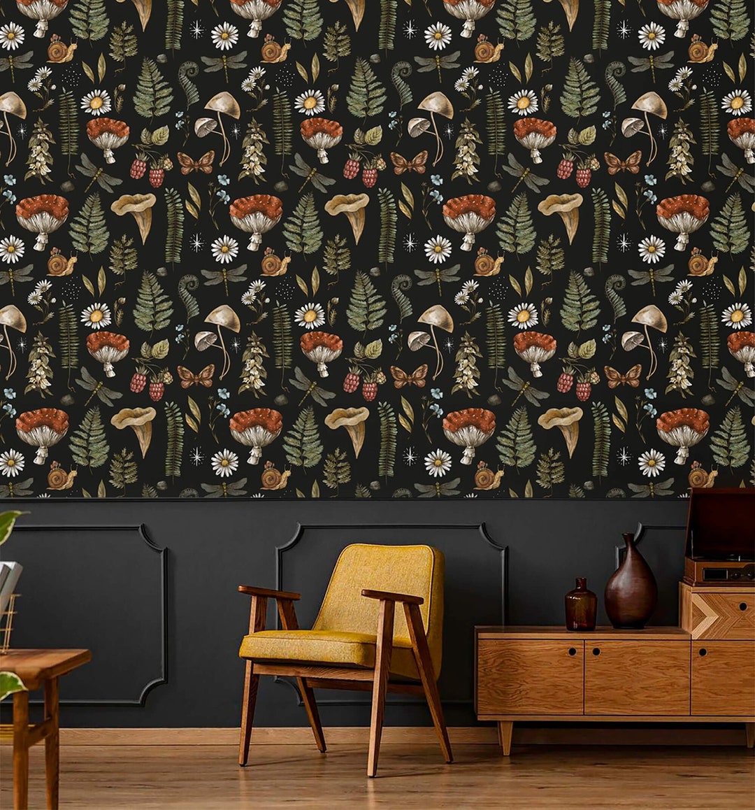 Mystical Mushroom Wallpaper, Moody Woodland Wallpaper, Whimsical Peel ...