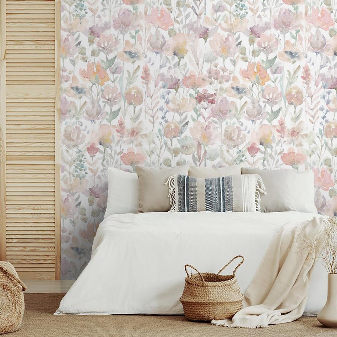 Pastel Floral Wallpaper Watercolor Flowers Peel and Stick Removable or