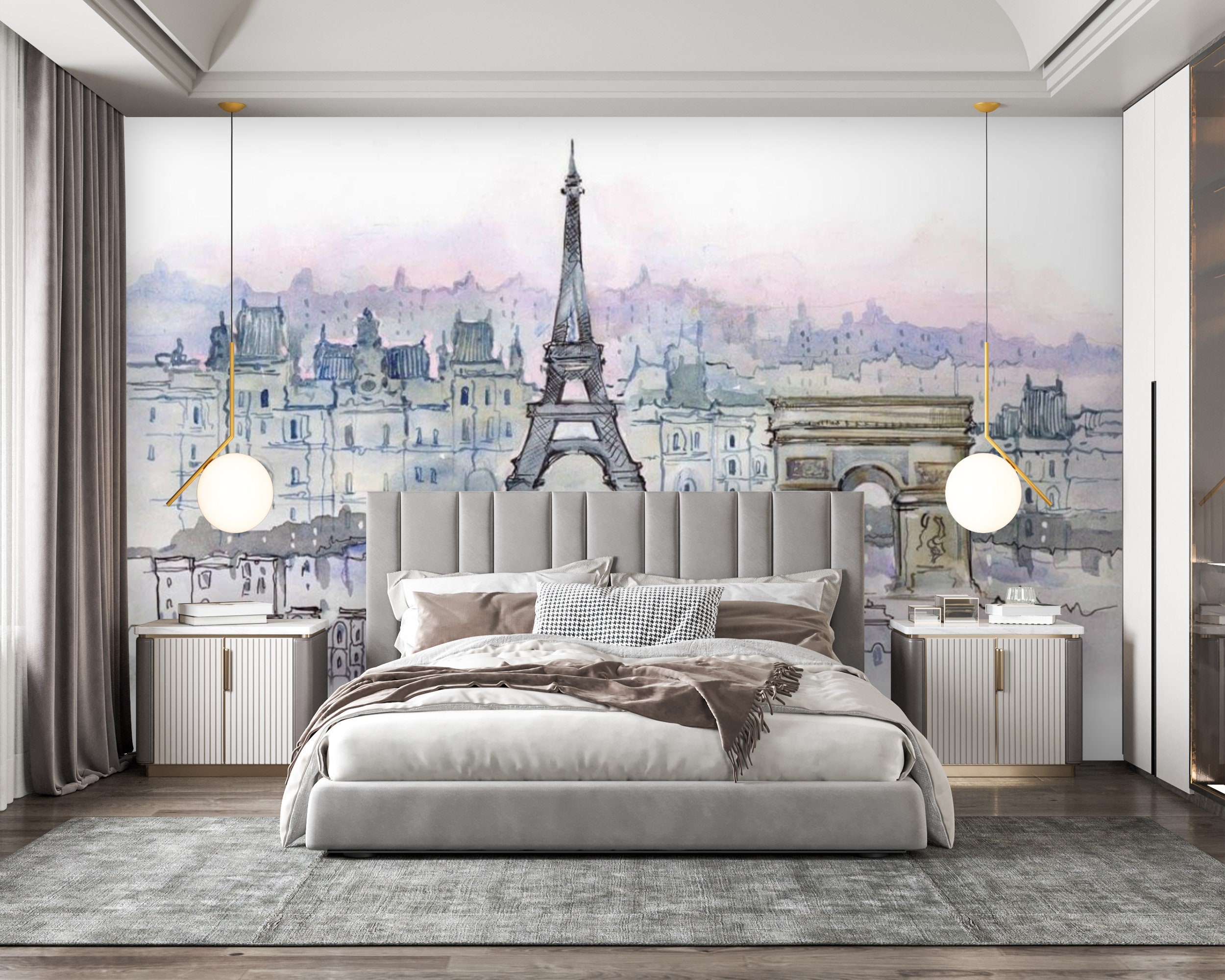 Paris Wallpaper Mural Watercolor Art Peel and Stick Removable Etsy