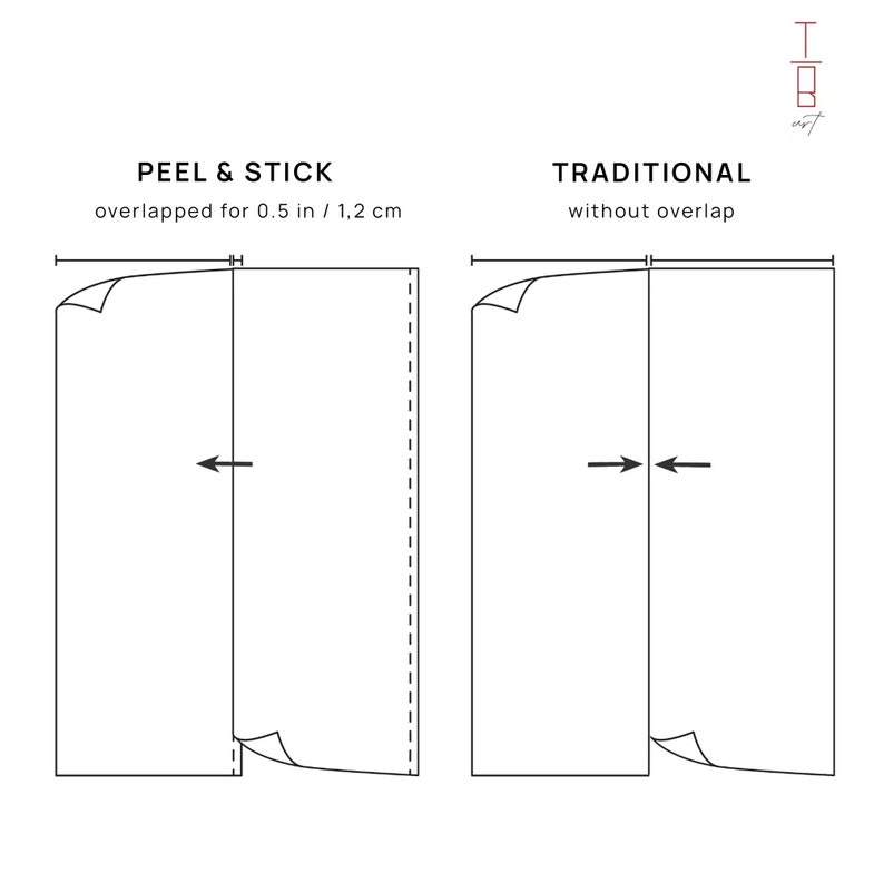 May include: Diagram showing two methods for applying wallpaper: peel and stick with a 0.5 inch overlap and traditional without overlap.