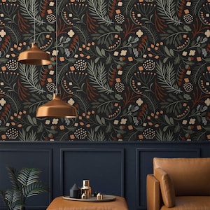 Dark botanical wallpaper Peel and stick removable or Traditional wall paper herbs wildflowers wallpaper