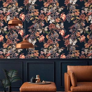 Dark floral watercolor wallpaper Peel and stick removable or Traditional wall paper flowers and butterflies Accent wall