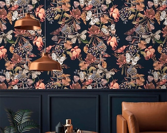 Dark floral watercolor wallpaper Peel and stick removable or Traditional wall paper flowers and butterflies Accent wall