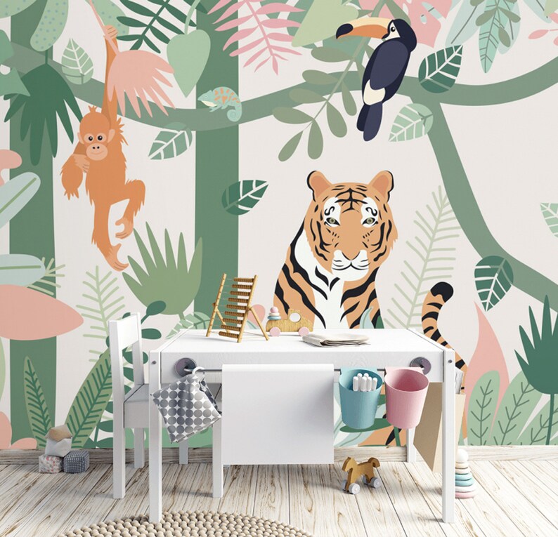 Jungle Animals Wallpaper Mural: Peel and Stick Nursery Decor - Etsy