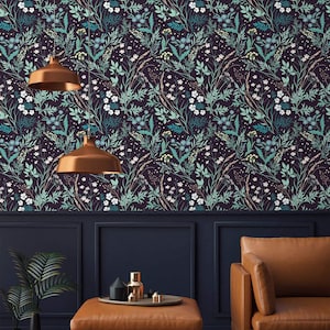Dark botanical wallpaper herbs Peel and stick removable or Traditional accent wallpaper wildflower