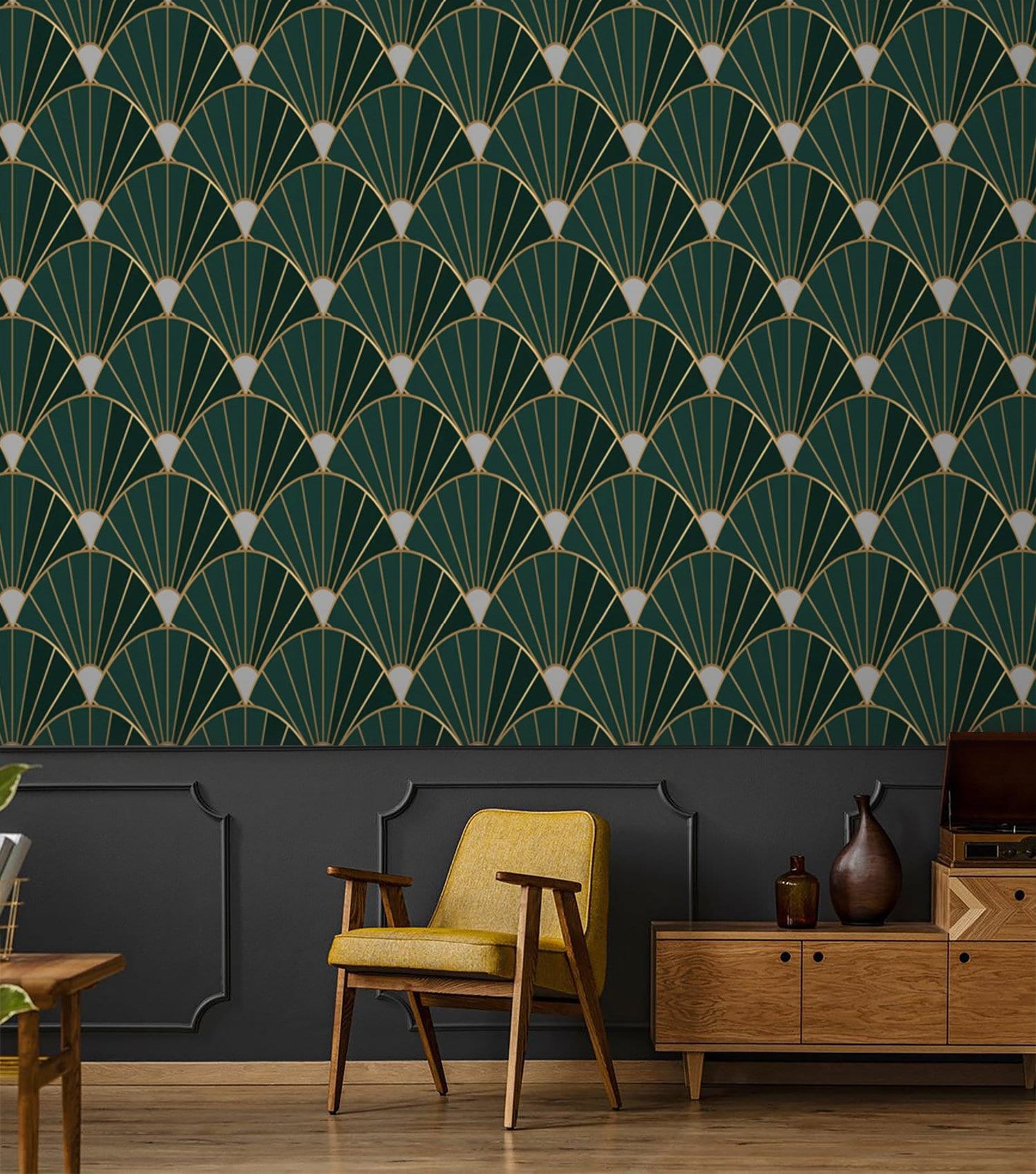 Art Deco Dark Green Wallpaper Fans Peel and Stick Removable or - Etsy