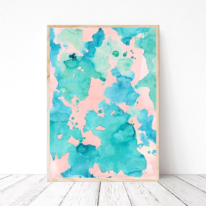 Abstract watercolor print, Teal blue pink printable wall art, Vibrant colors wall art print, Watercolor printable wall art abstract eclectic