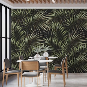 Dark tropical wallpaper palm leaves Peel and stick removable or Traditional accent wallpaper palms