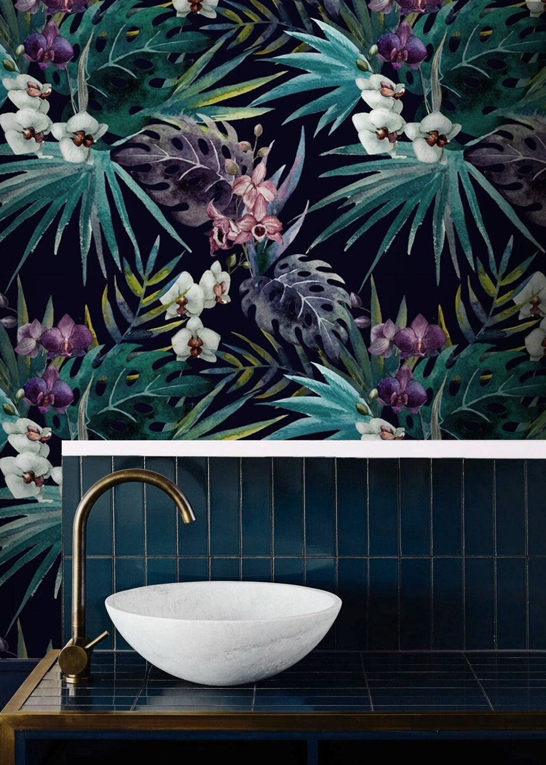 Dark Tropical Wallpaper Exotic Flowers Palm Leaves Peel and Stick ...