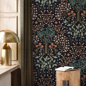 May include: Black wallpaper with a repeating pattern of stylized trees and flowers in shades of green, orange, and white.