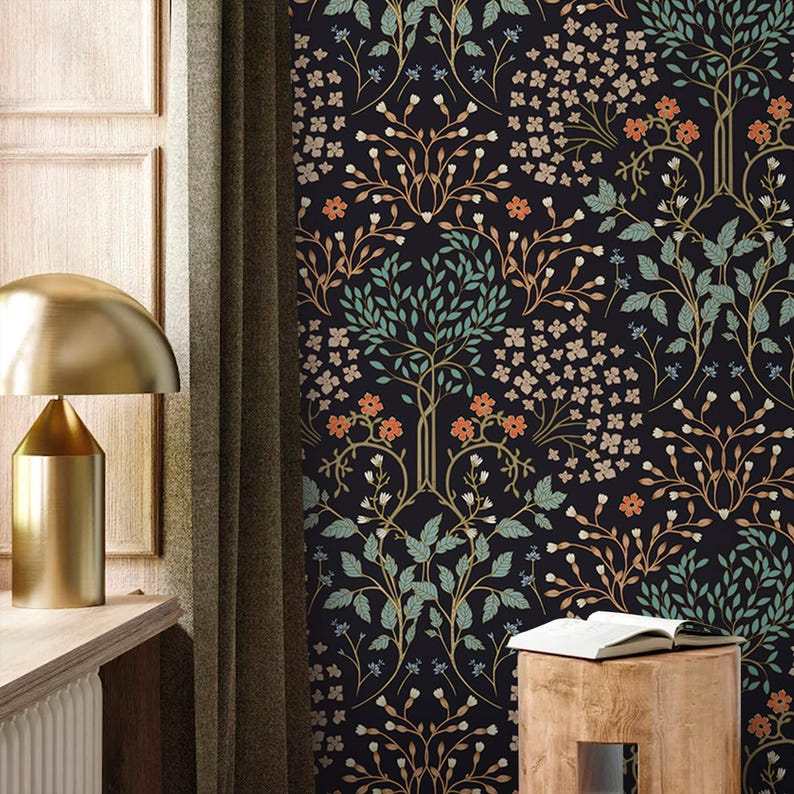 May include: Black wallpaper with a repeating pattern of stylized trees and flowers in shades of green, orange, and white.
