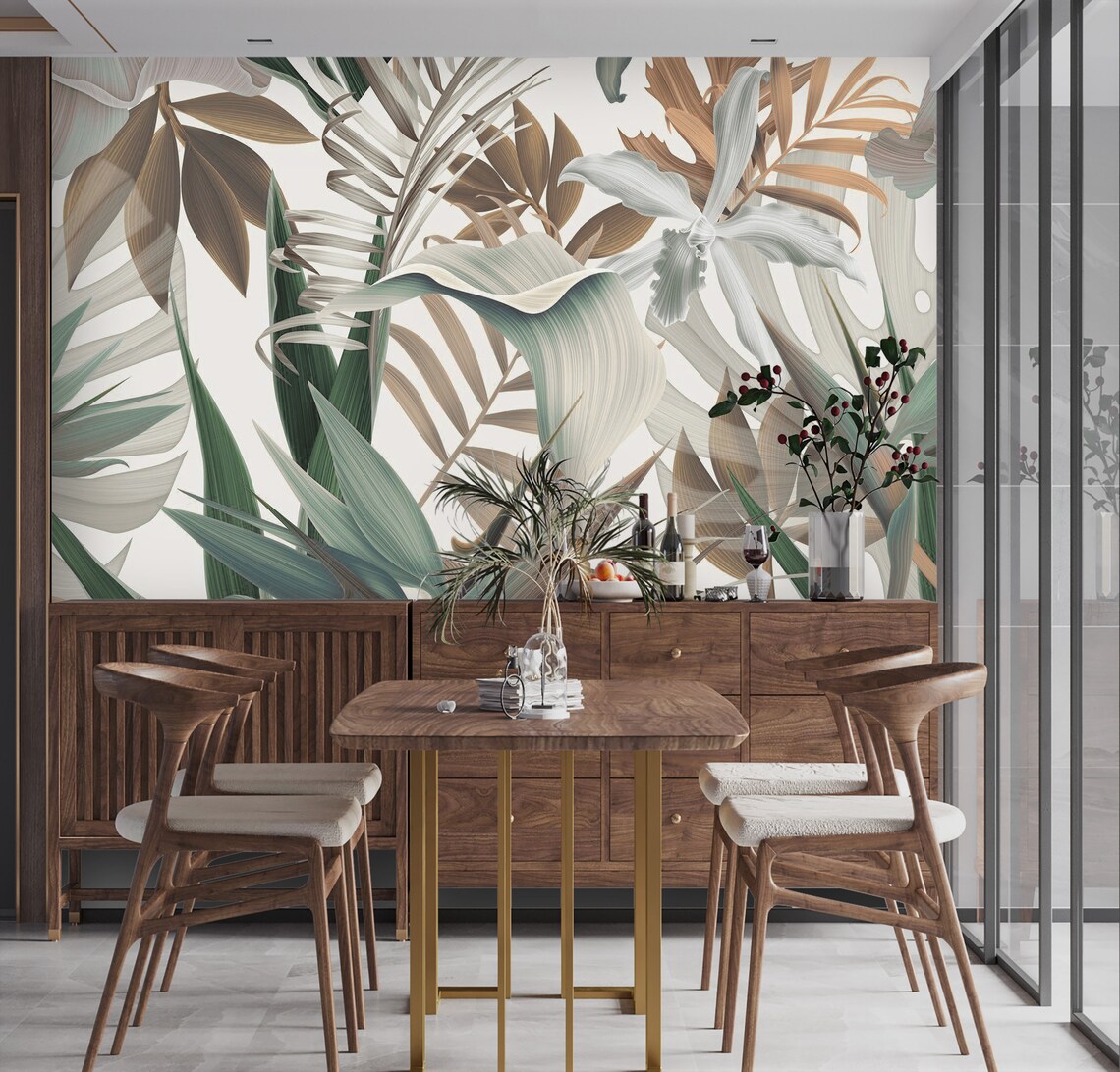 Tropical Wall Mural Large Leaves and Flowers Peel and Stick Etsy