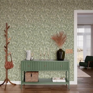 Papier peint feuille vert olive - Revêtement mural classique ou autocollant à motif botanique