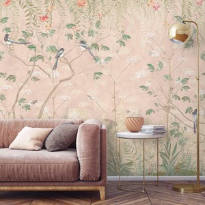Botanical chinoiserie wallpaper mural with birds and vintage floral design