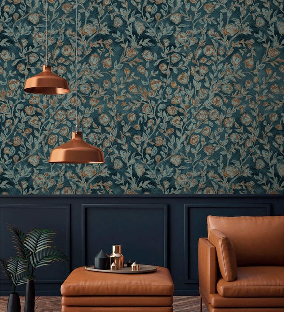 Dark vintage floral wallpaper Peel and stick removable or Traditional accent wildflower wallpaper