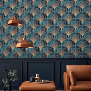 Art deco blue teal wallpaper fans gold non metallic Peel and stick removable or Traditional mid century wallpaper