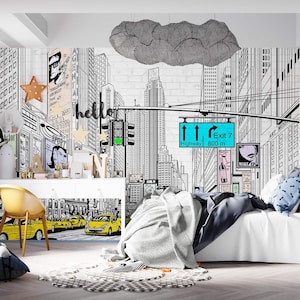 Décoration murale de rue avec un design urbain Papier peint autocollant pour chambre d'enfant Paysage urbain moderne