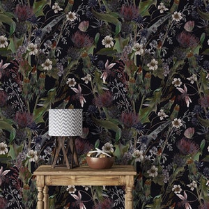 Moody wildflower wallpaper | Dark botanical whimsigoth Peel and stick removable or Traditional focal wall covering