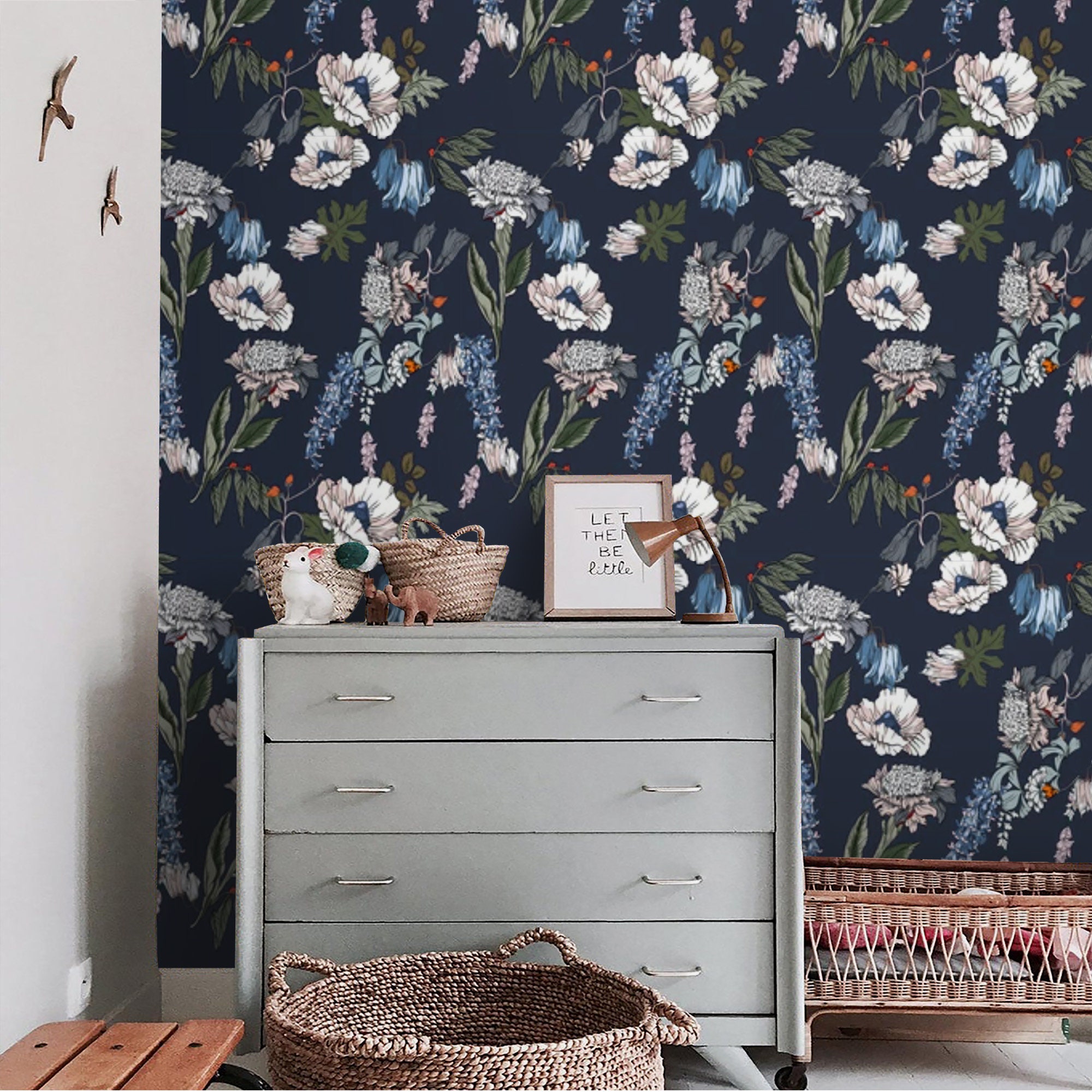 Dark Floral Wallpaper Blue Flowers Peel and Stick Removable or ...