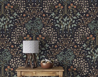 Vintage dark botanical moody wallpaper Peel and stick removable accent wallpaper wildflowers
