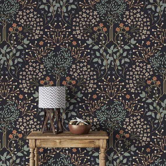 Vintage dark botanical moody wallpaper Peel and stick removable accent wallpaper wildflowers