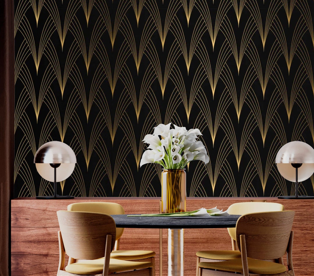Dark Art Deco Wallpaper Luxury Black Gold Non Metallic Peel and Stick
