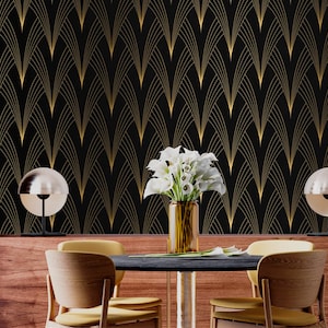 Dark art deco wallpaper luxury black gold non metallic Peel and stick removable or Traditional accent wallpaper