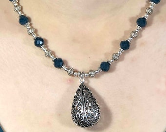 Pewter and Teal beaded necklace with Filigree Pewter pendant
