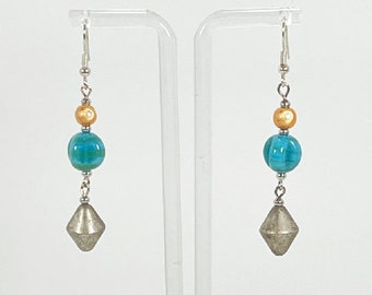 Earrings. Beautiful Peach and Turquoise Colored Czech Glass Earrings with Pewter Dangle Bead.  You will enjoy wearing these earrings.