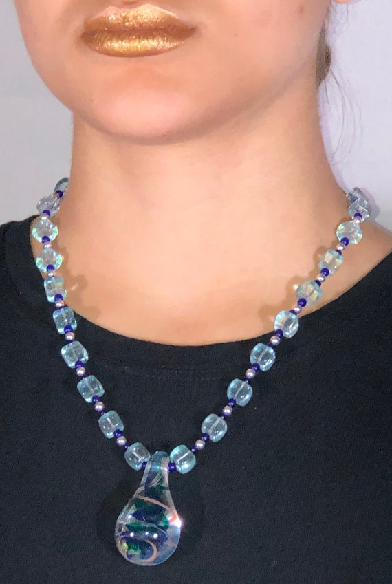 Handmade Sparkly Blue Crystal Glass Beaded Pendant Necklace