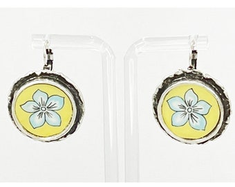 Earrings. Antique Silver Plated Brass. Beautiful blossom on yellow background. Original art on polymer clay. Enjoy wearing these earrings.