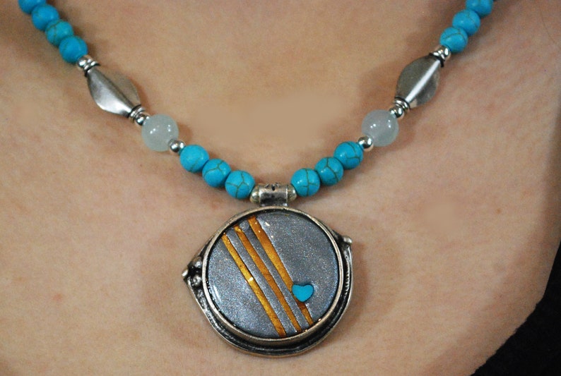 Beaded necklace. Charming necklace made of Turquoise Beads, Agate Beads, Pewter Beads with Silver Accents and a Poly and Silver Pendant image 2