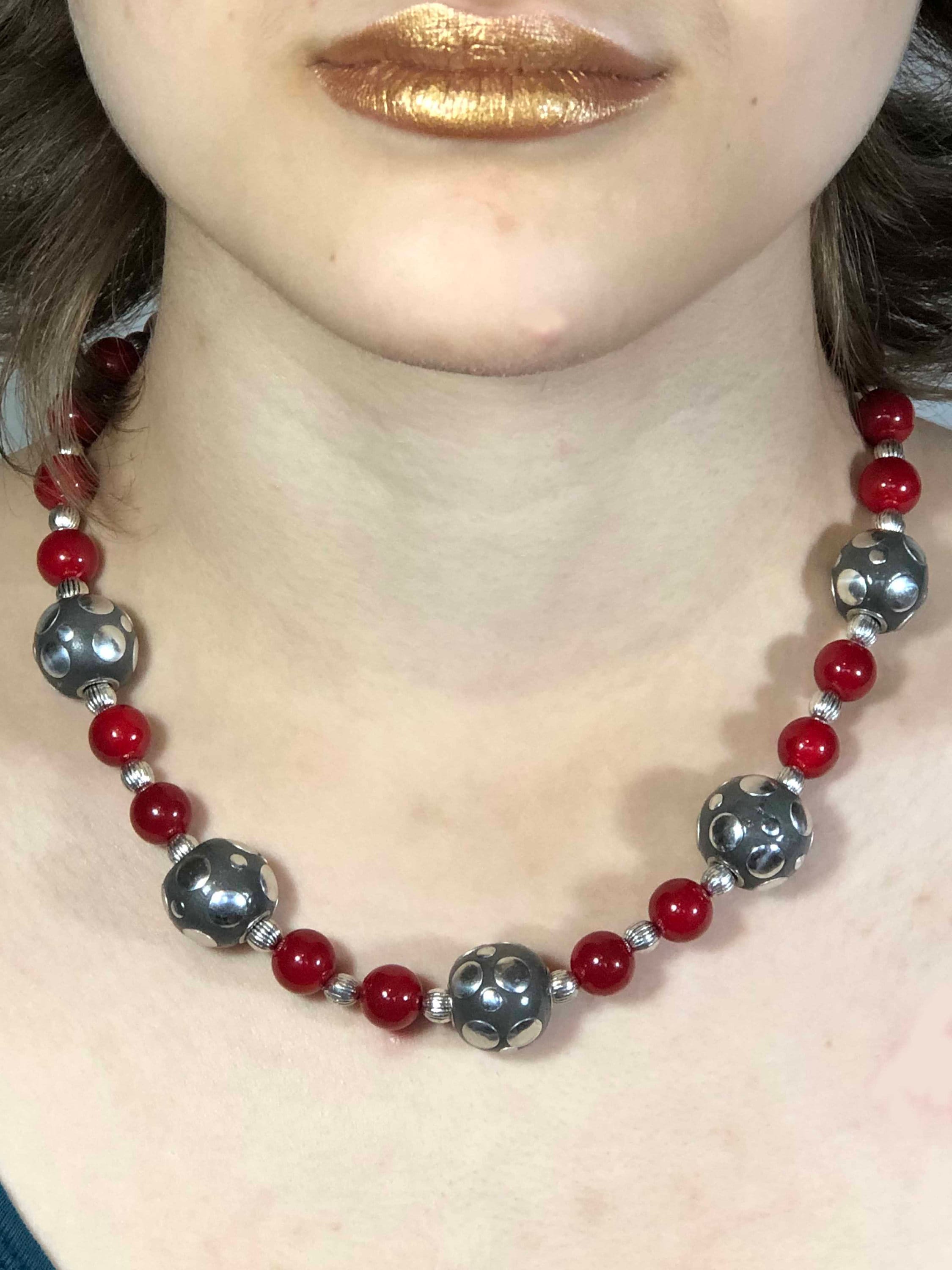 Shiny Pewter beads. Beaded necklace Red glass beads