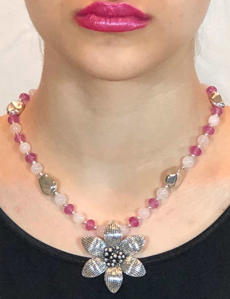 Beaded necklace Charming flower pewter pendant with necklace of pink glass and silver accents